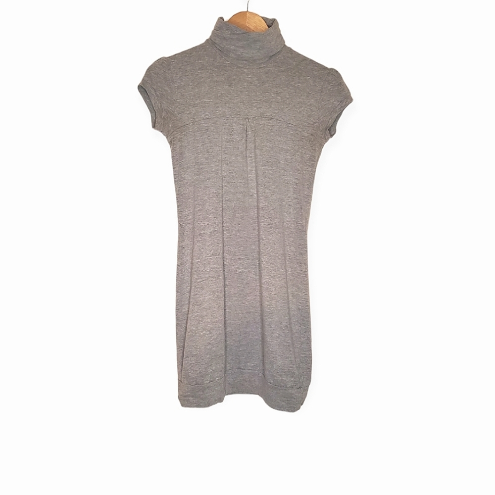 Gray Turtleneck Tunic Dress with Ruched Cap Sleeves and Decorative Seam Bust